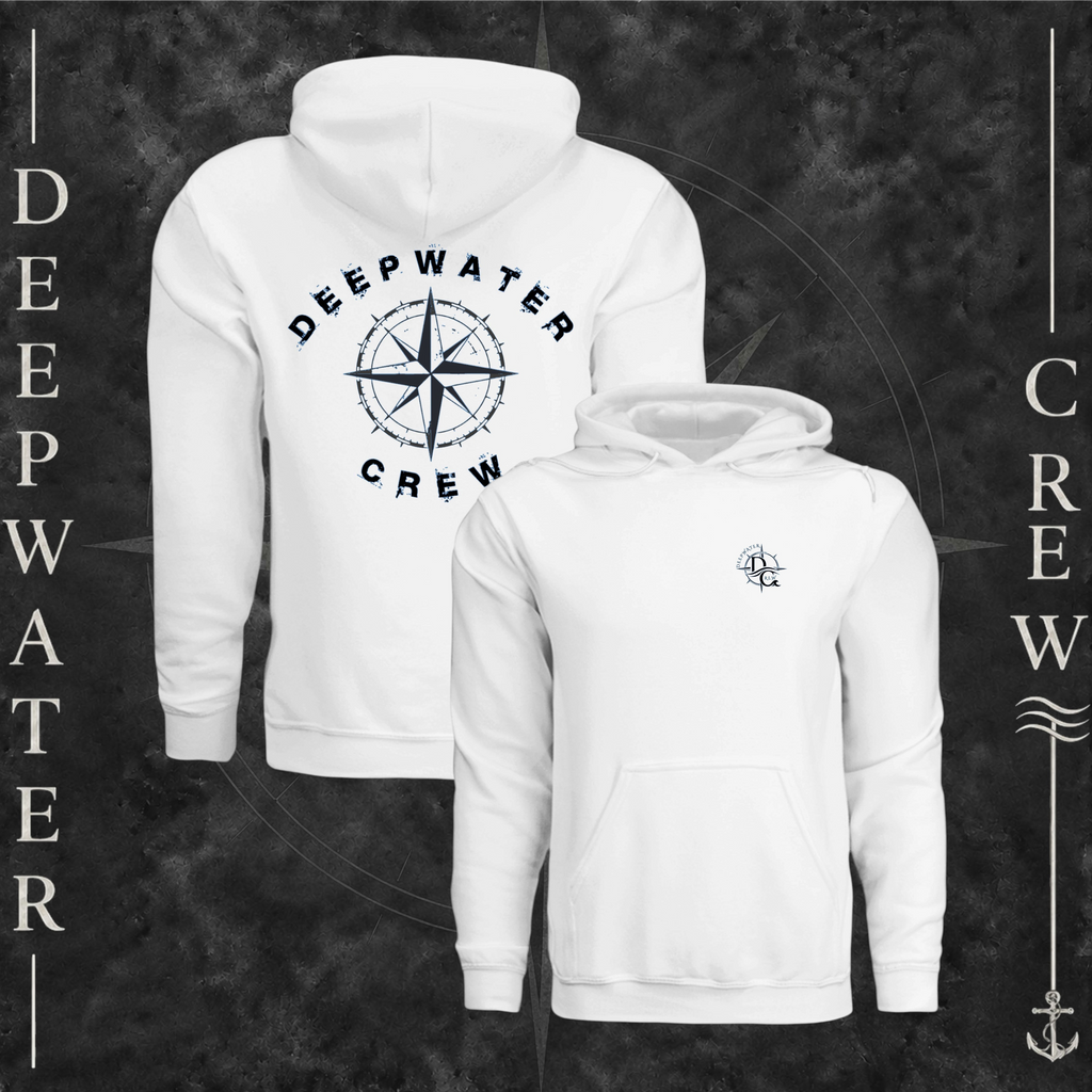 White Deepwater Crew Co. Deepwater Nomad Fleece Hoodie, product view on branded Deepwater Crew compass background.