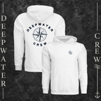 White Deepwater Crew Co. Deepwater Nomad Fleece Hoodie, product view on branded Deepwater Crew compass background.