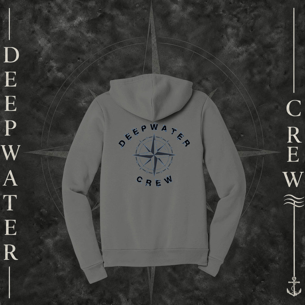 Asphalt Deepwater Crew Co. Deepwater Nomad Fleece Zip Hoodie, back view with large distressed compass rose graphic and Deepwater Crew lettering.