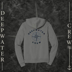 Asphalt Deepwater Crew Co. Deepwater Nomad Fleece Zip Hoodie, back view with large distressed compass rose graphic and Deepwater Crew lettering.