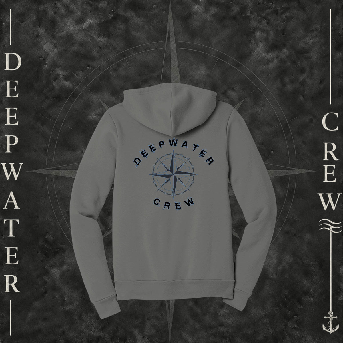 Asphalt Deepwater Crew Co. Deepwater Nomad Fleece Zip Hoodie, back view with large distressed compass rose graphic and Deepwater Crew lettering.