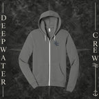 Asphalt Deepwater Crew Co. Deepwater Nomad Fleece Zip Hoodie, front view with small DC compass crest chest logo.