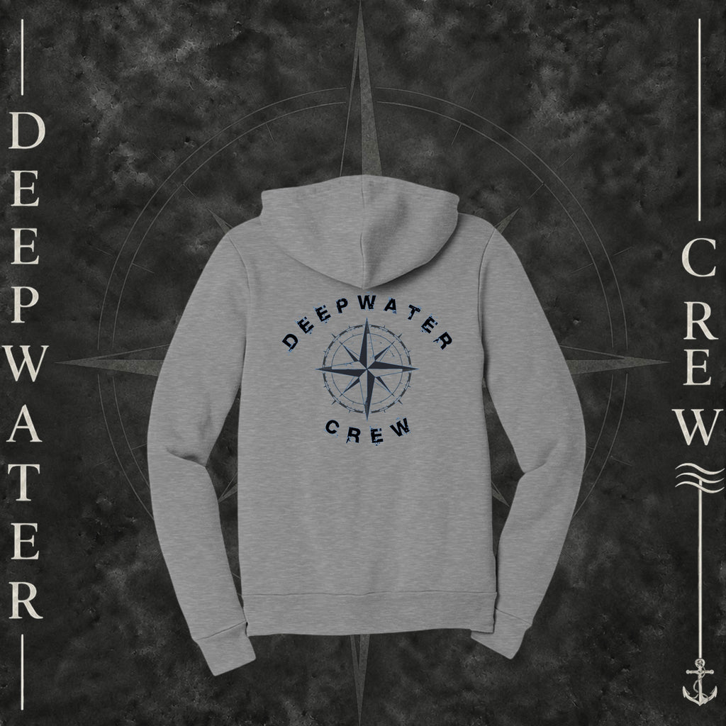 Athletic Heather Deepwater Crew Co. Deepwater Nomad Fleece Zip Hoodie, back view with large distressed compass rose graphic and Deepwater Crew lettering.