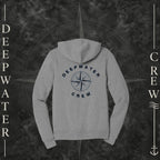 Athletic Heather Deepwater Crew Co. Deepwater Nomad Fleece Zip Hoodie, back view with large distressed compass rose graphic and Deepwater Crew lettering.