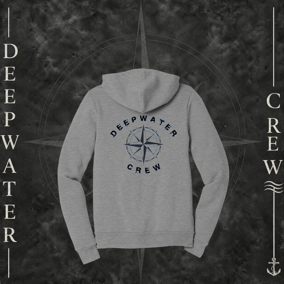 Athletic Heather Deepwater Crew Co. Deepwater Nomad Fleece Zip Hoodie, back view with large distressed compass rose graphic and Deepwater Crew lettering.