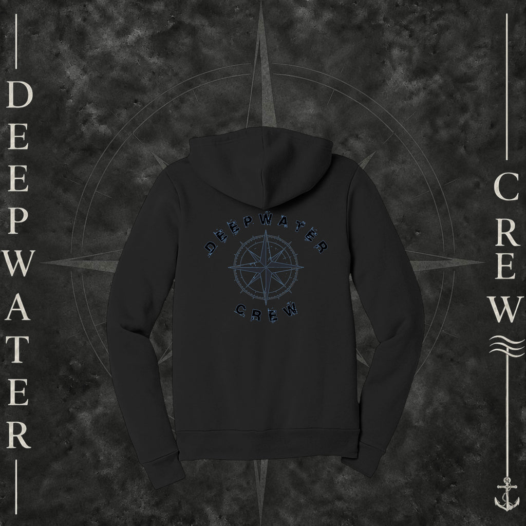 Black Deepwater Crew Co. Deepwater Nomad Fleece Zip Hoodie, back view with large distressed compass rose graphic and Deepwater Crew lettering.