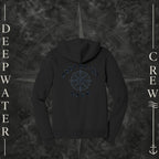 Black Deepwater Crew Co. Deepwater Nomad Fleece Zip Hoodie, back view with large distressed compass rose graphic and Deepwater Crew lettering.