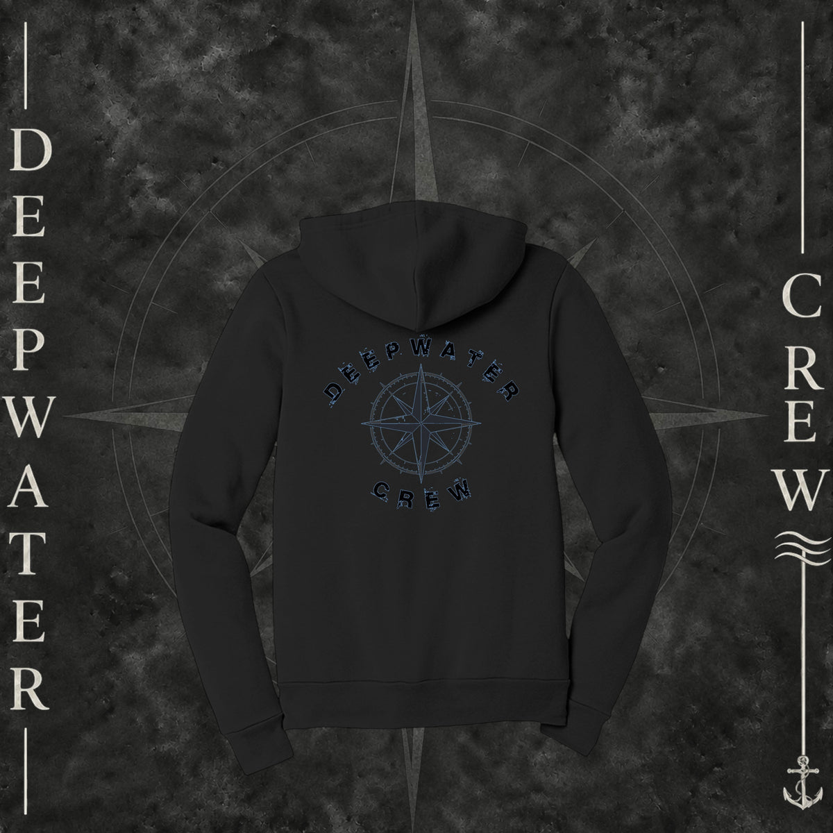 Black Deepwater Crew Co. Deepwater Nomad Fleece Zip Hoodie, back view with large distressed compass rose graphic and Deepwater Crew lettering.