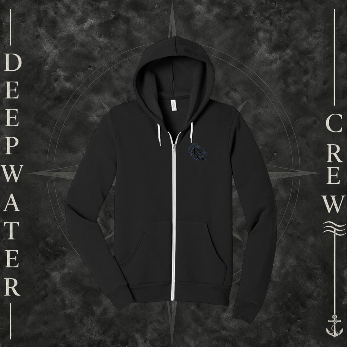 Black Deepwater Crew Co. Deepwater Nomad Fleece Zip Hoodie, front view with small DC compass crest chest logo.