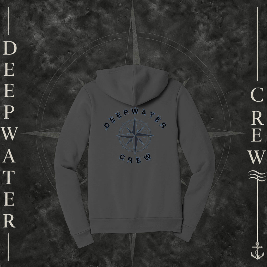 Dark Grey Deepwater Crew Co. Deepwater Nomad Fleece Zip Hoodie, back view with large distressed compass rose graphic and Deepwater Crew lettering.