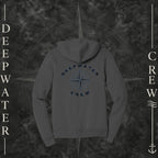 Dark Grey Deepwater Crew Co. Deepwater Nomad Fleece Zip Hoodie, back view with large distressed compass rose graphic and Deepwater Crew lettering.