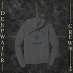 Deep Heather Deepwater Crew Co. Deepwater Nomad Fleece Zip Hoodie, back view with large distressed compass rose graphic and Deepwater Crew lettering.