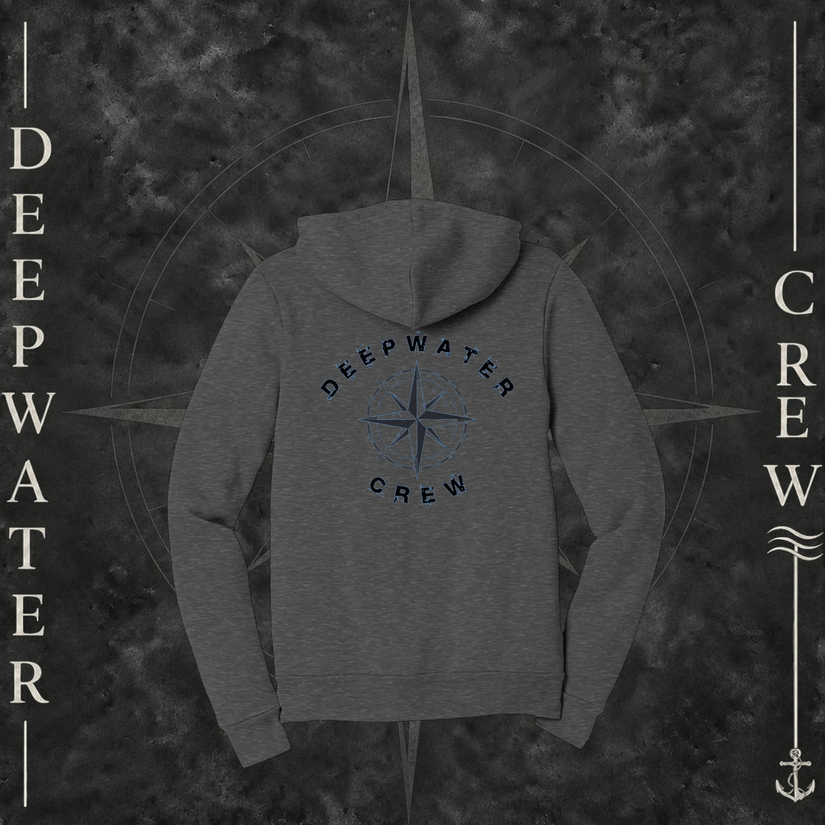Deep Heather Deepwater Crew Co. Deepwater Nomad Fleece Zip Hoodie, back view with large distressed compass rose graphic and Deepwater Crew lettering.