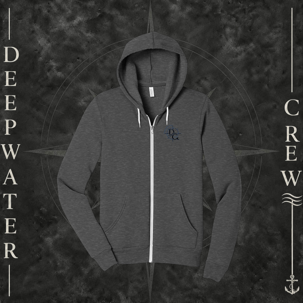 Deep Heather Deepwater Crew Co. Deepwater Nomad Fleece Zip Hoodie, front view with small DC compass crest chest logo.