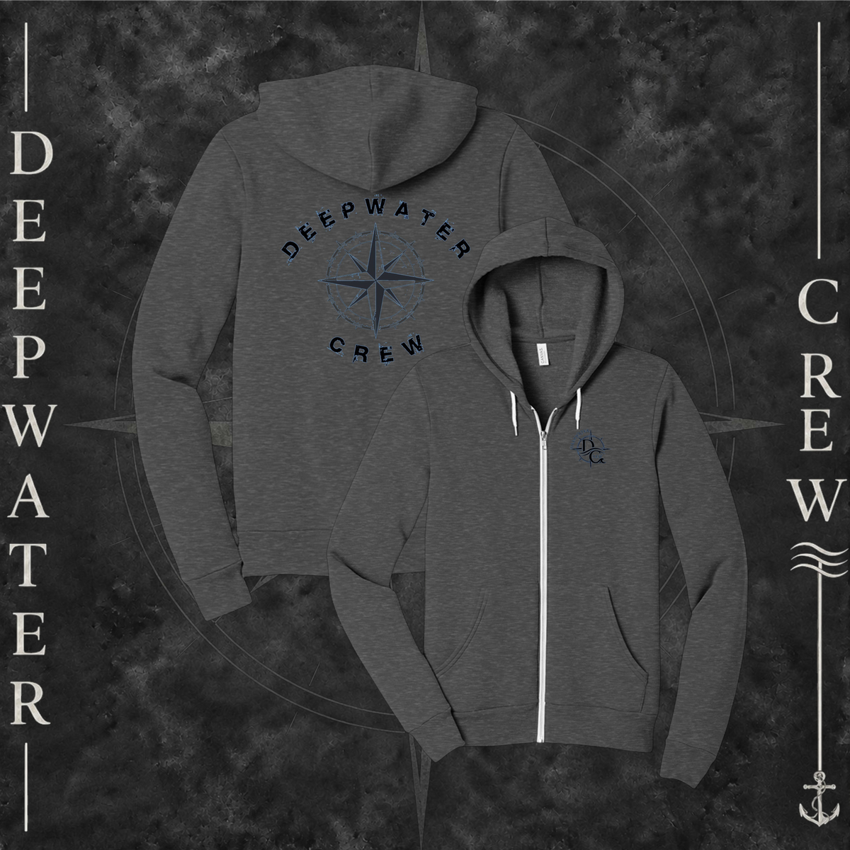 Deep Heather Deepwater Crew Co. Deepwater Nomad Fleece Zip Hoodie, product view on branded Deepwater Crew compass background.