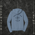 Steel Blue Deepwater Crew Co. Deepwater Nomad Fleece Zip Hoodie, back view with large distressed compass rose graphic and Deepwater Crew lettering.