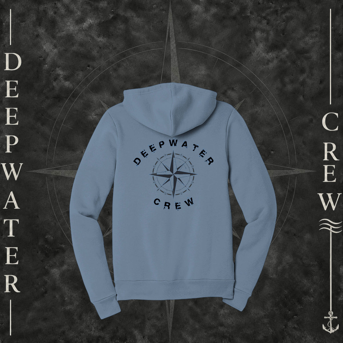 Steel Blue Deepwater Crew Co. Deepwater Nomad Fleece Zip Hoodie, back view with large distressed compass rose graphic and Deepwater Crew lettering.