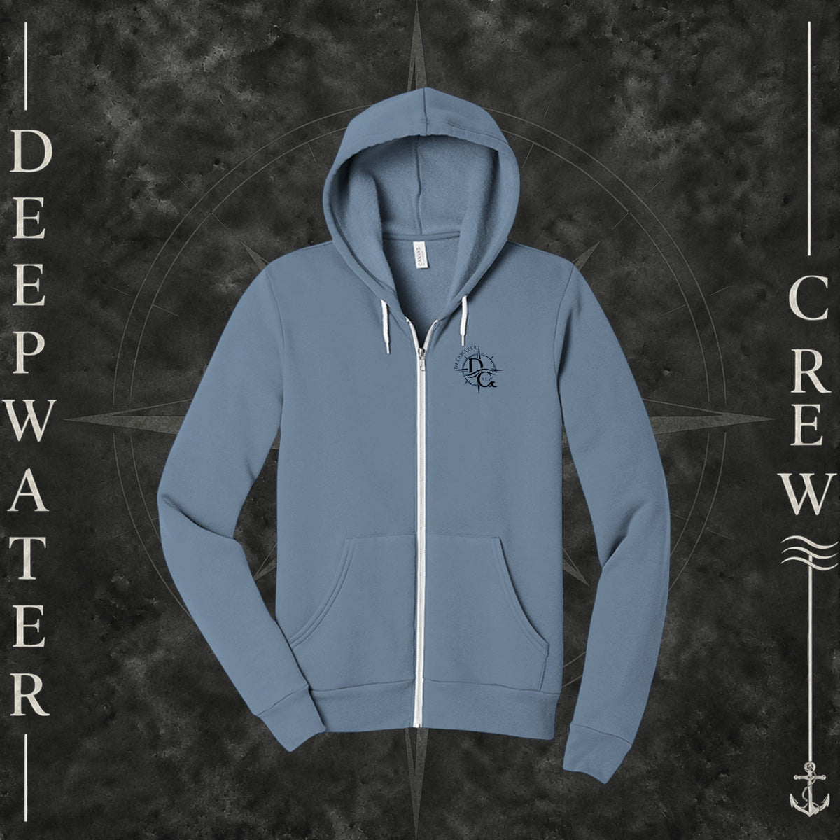 Steel Blue Deepwater Crew Co. Deepwater Nomad Fleece Zip Hoodie, front view with small DC compass crest chest logo.