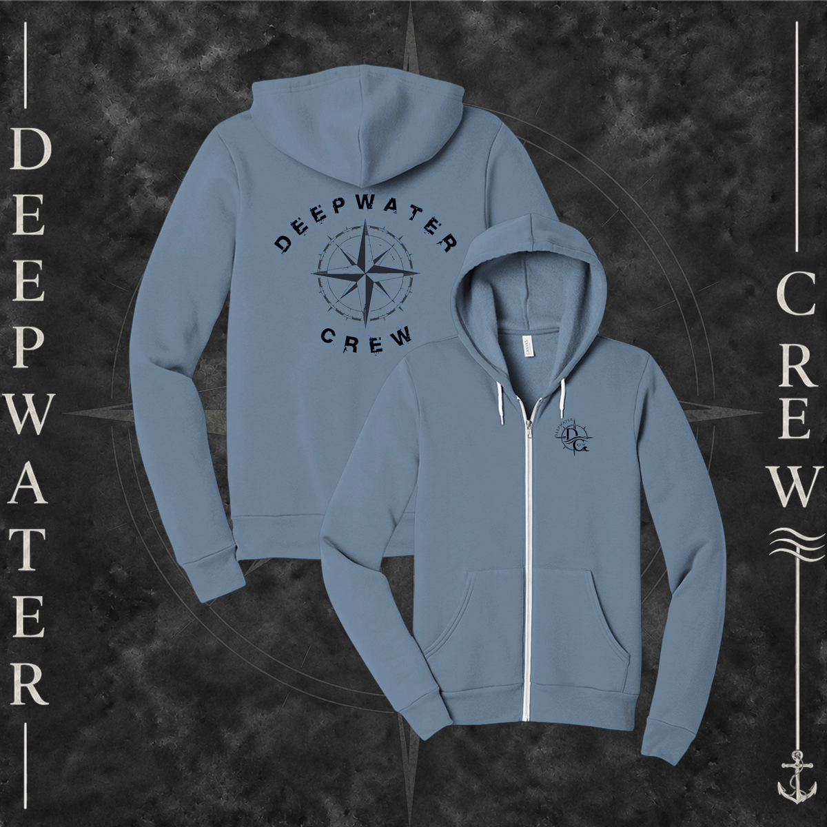 Steel Blue Deepwater Crew Co. Deepwater Nomad Fleece Zip Hoodie, product view on branded Deepwater Crew compass background.