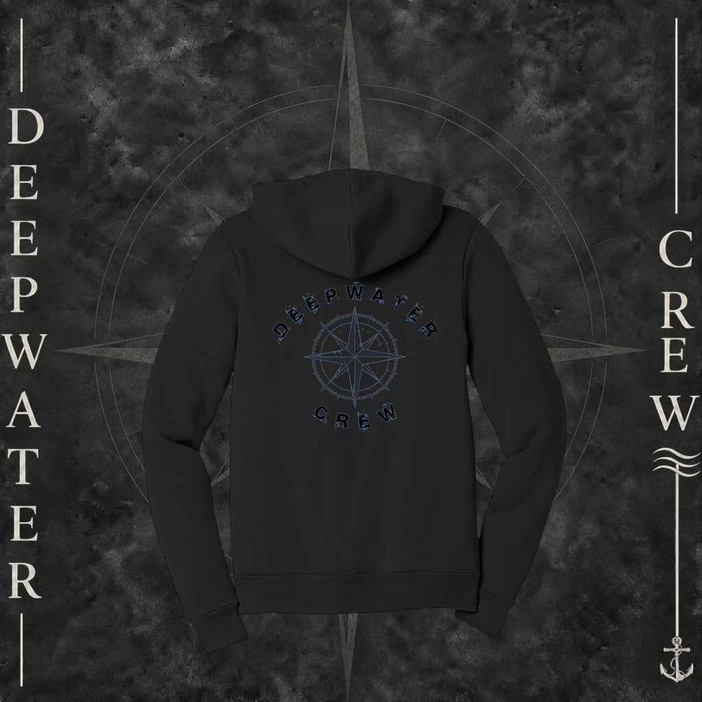 Vintage Black Deepwater Crew Co. Deepwater Nomad Fleece Zip Hoodie, back view with large distressed compass rose graphic and Deepwater Crew lettering.