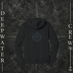Vintage Black Deepwater Crew Co. Deepwater Nomad Fleece Zip Hoodie, back view with large distressed compass rose graphic and Deepwater Crew lettering.