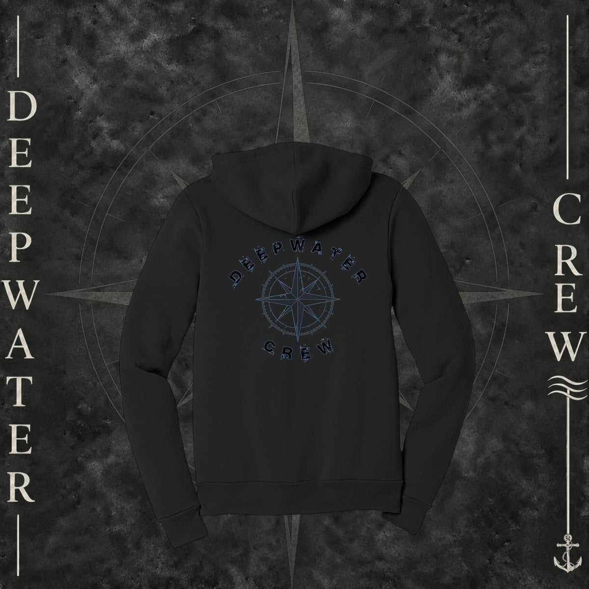 Vintage Black Deepwater Crew Co. Deepwater Nomad Fleece Zip Hoodie, back view with large distressed compass rose graphic and Deepwater Crew lettering.