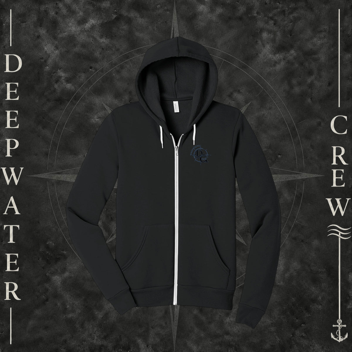 Vintage Black Deepwater Crew Co. Deepwater Nomad Fleece Zip Hoodie, front view with small DC compass crest chest logo.