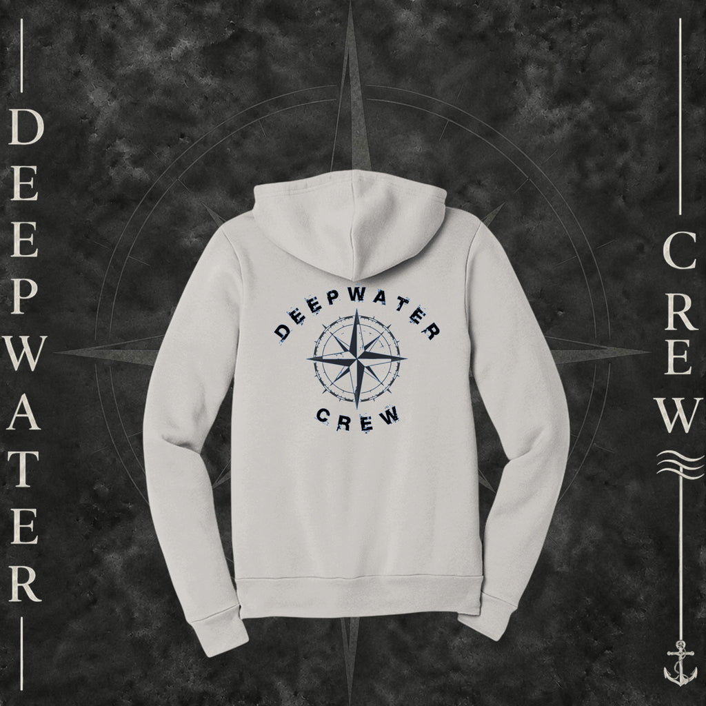 Vintage White Deepwater Crew Co. Deepwater Nomad Fleece Zip Hoodie, back view with large distressed compass rose graphic and Deepwater Crew lettering.