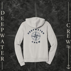 Vintage White Deepwater Crew Co. Deepwater Nomad Fleece Zip Hoodie, back view with large distressed compass rose graphic and Deepwater Crew lettering.