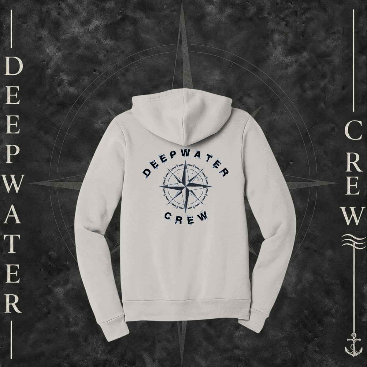 Vintage White Deepwater Crew Co. Deepwater Nomad Fleece Zip Hoodie, back view with large distressed compass rose graphic and Deepwater Crew lettering.
