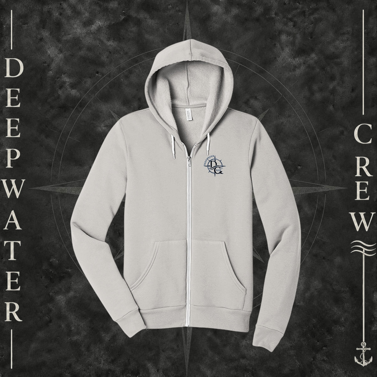 Vintage White Deepwater Crew Co. Deepwater Nomad Fleece Zip Hoodie, front view with small DC compass crest chest logo.