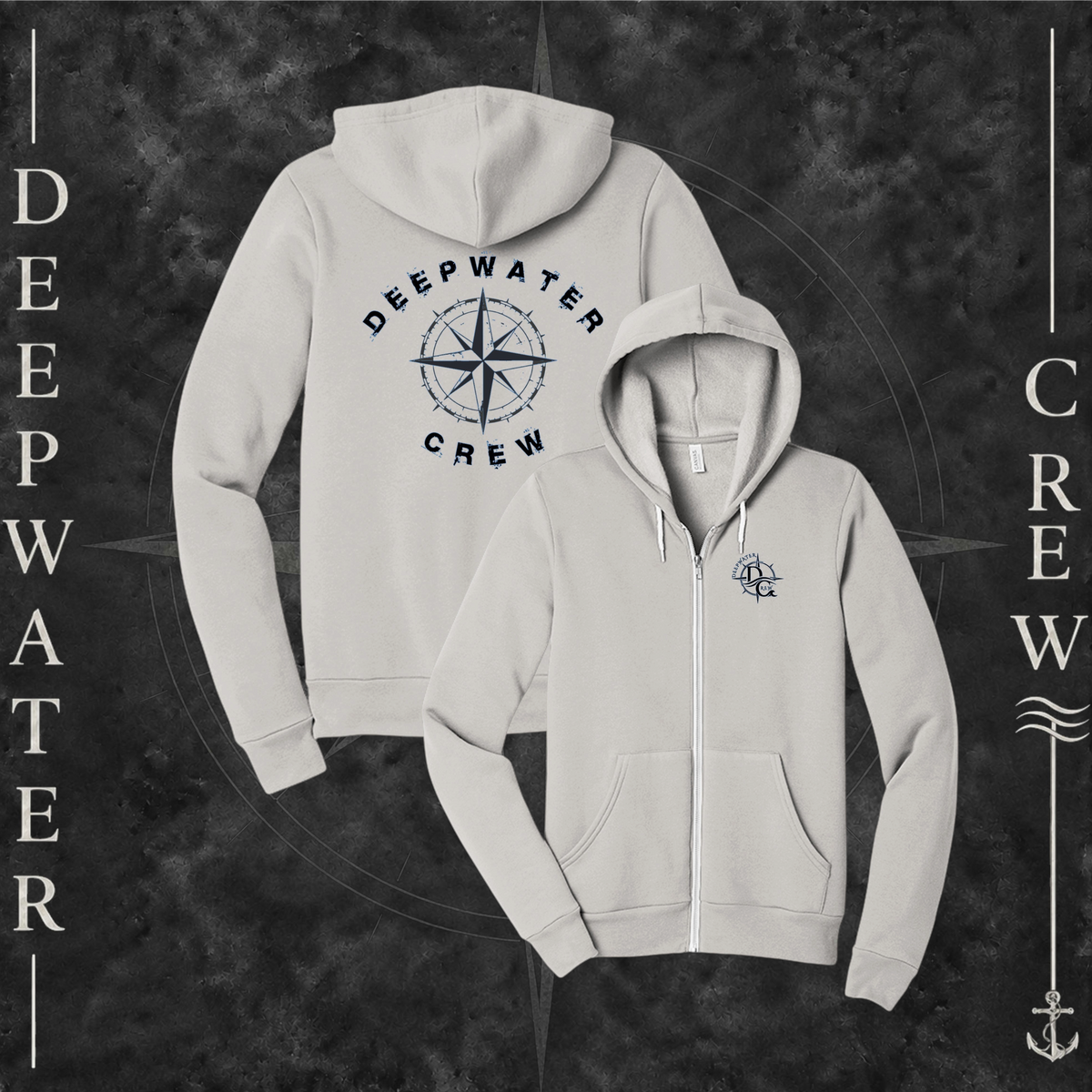 Vintage White Deepwater Crew Co. Deepwater Nomad Fleece Zip Hoodie, product view on branded Deepwater Crew compass background.