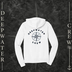 White Deepwater Crew Co. Deepwater Nomad Fleece Zip Hoodie, back view with large distressed compass rose graphic and Deepwater Crew lettering.