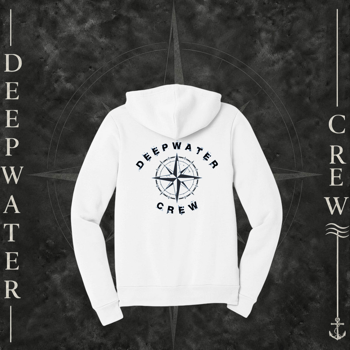 White Deepwater Crew Co. Deepwater Nomad Fleece Zip Hoodie, back view with large distressed compass rose graphic and Deepwater Crew lettering.