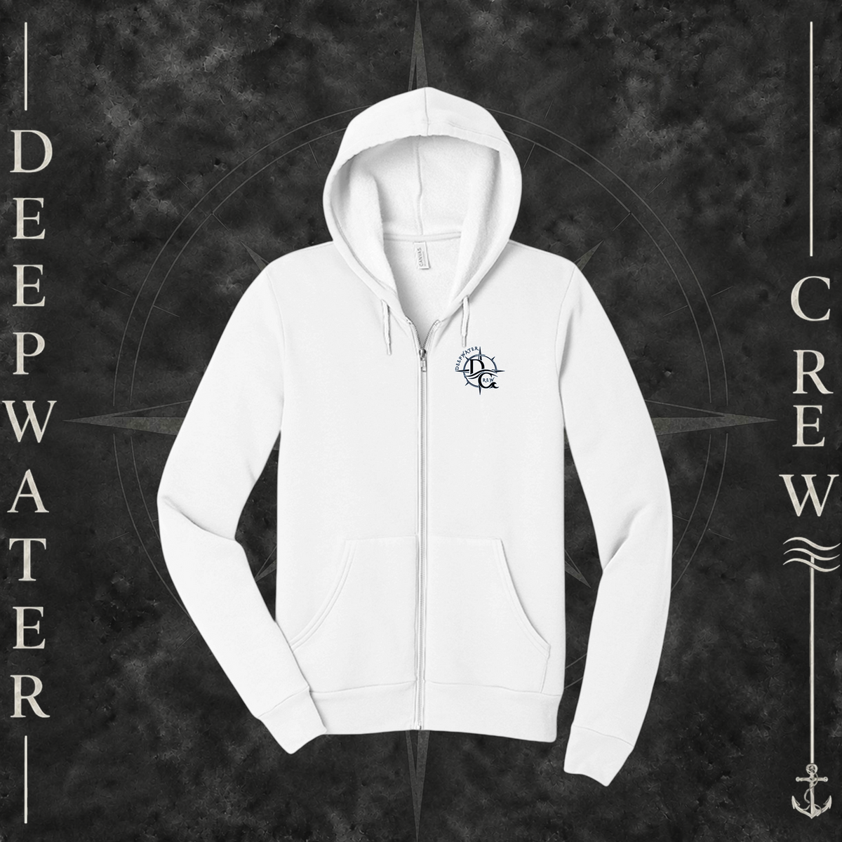 White Deepwater Crew Co. Deepwater Nomad Fleece Zip Hoodie, front view with small DC compass crest chest logo.