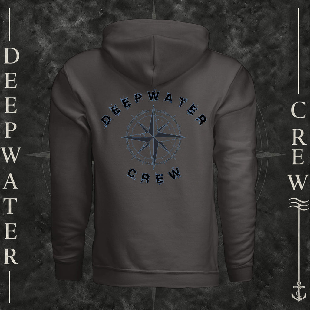 Asphalt Deepwater Crew Co. Deepwater Nomad Heavy Fleece Hoodie, back view with large distressed compass rose graphic and Deepwater Crew lettering.