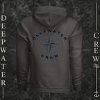 Asphalt Deepwater Crew Co. Deepwater Nomad Heavy Fleece Hoodie, back view with large distressed compass rose graphic and Deepwater Crew lettering.
