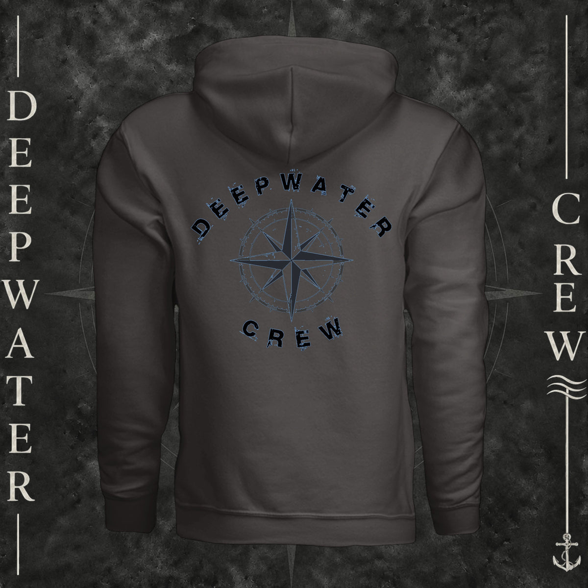 Asphalt Deepwater Crew Co. Deepwater Nomad Heavy Fleece Hoodie, back view with large distressed compass rose graphic and Deepwater Crew lettering.