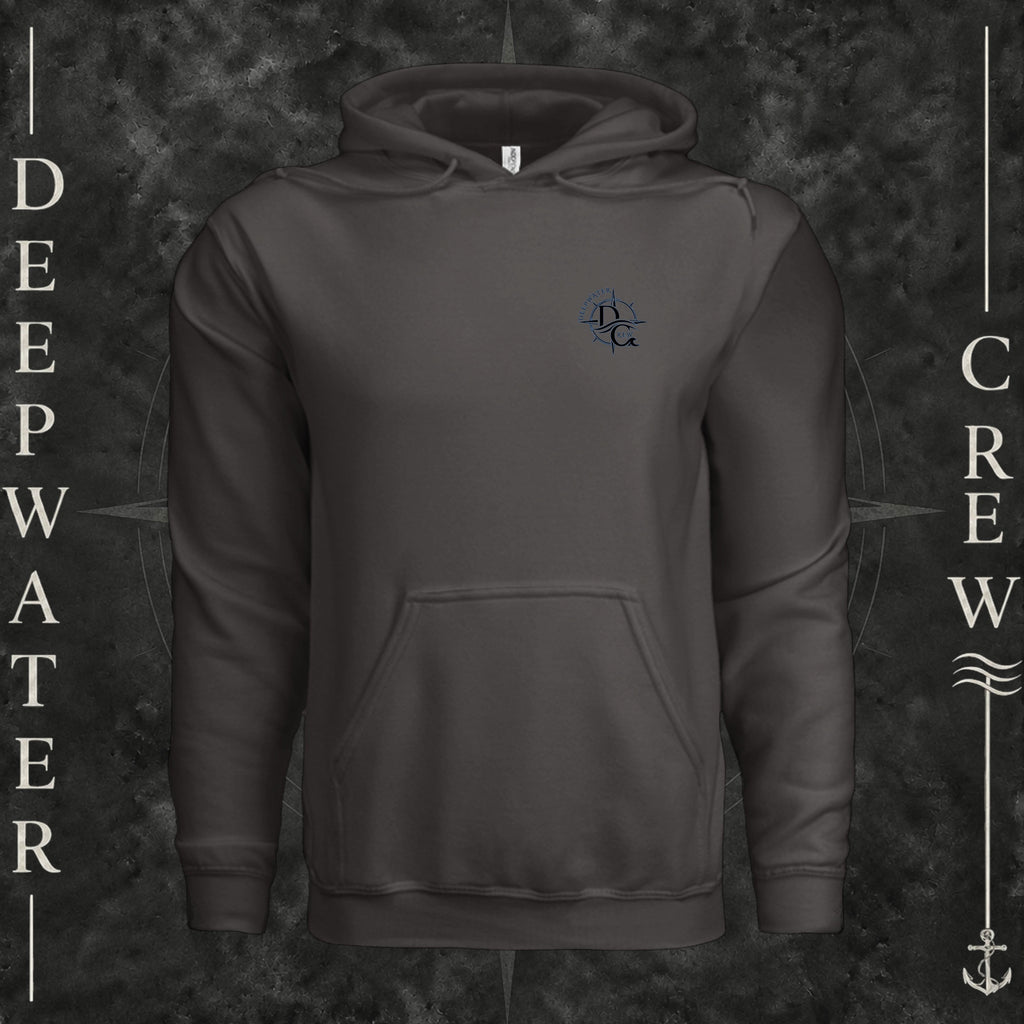 Asphalt Deepwater Crew Co. Deepwater Nomad Heavy Fleece Hoodie, front view with small DC compass crest chest logo.