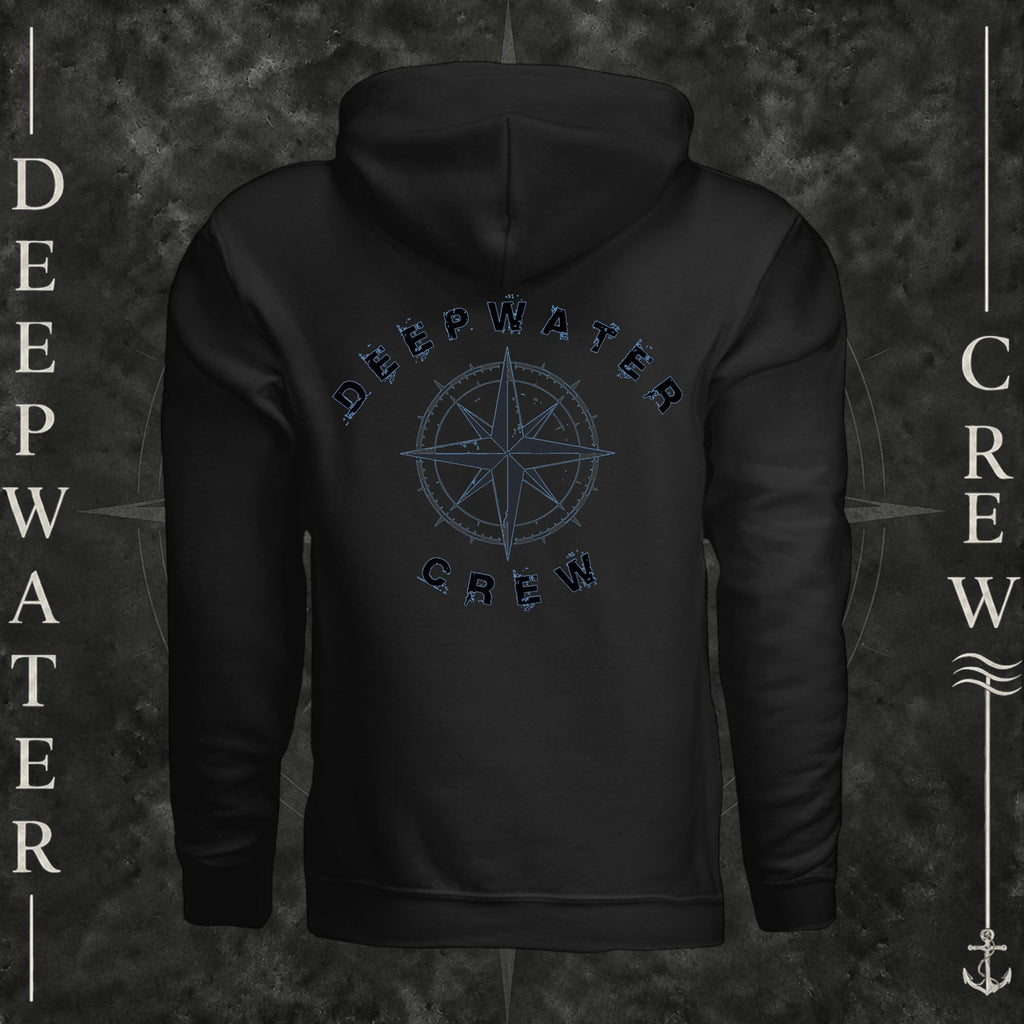 Black Deepwater Crew Co. Deepwater Nomad Heavy Fleece Hoodie, back view with large distressed compass rose graphic and Deepwater Crew lettering.