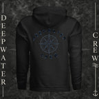 Black Deepwater Crew Co. Deepwater Nomad Heavy Fleece Hoodie, back view with large distressed compass rose graphic and Deepwater Crew lettering.