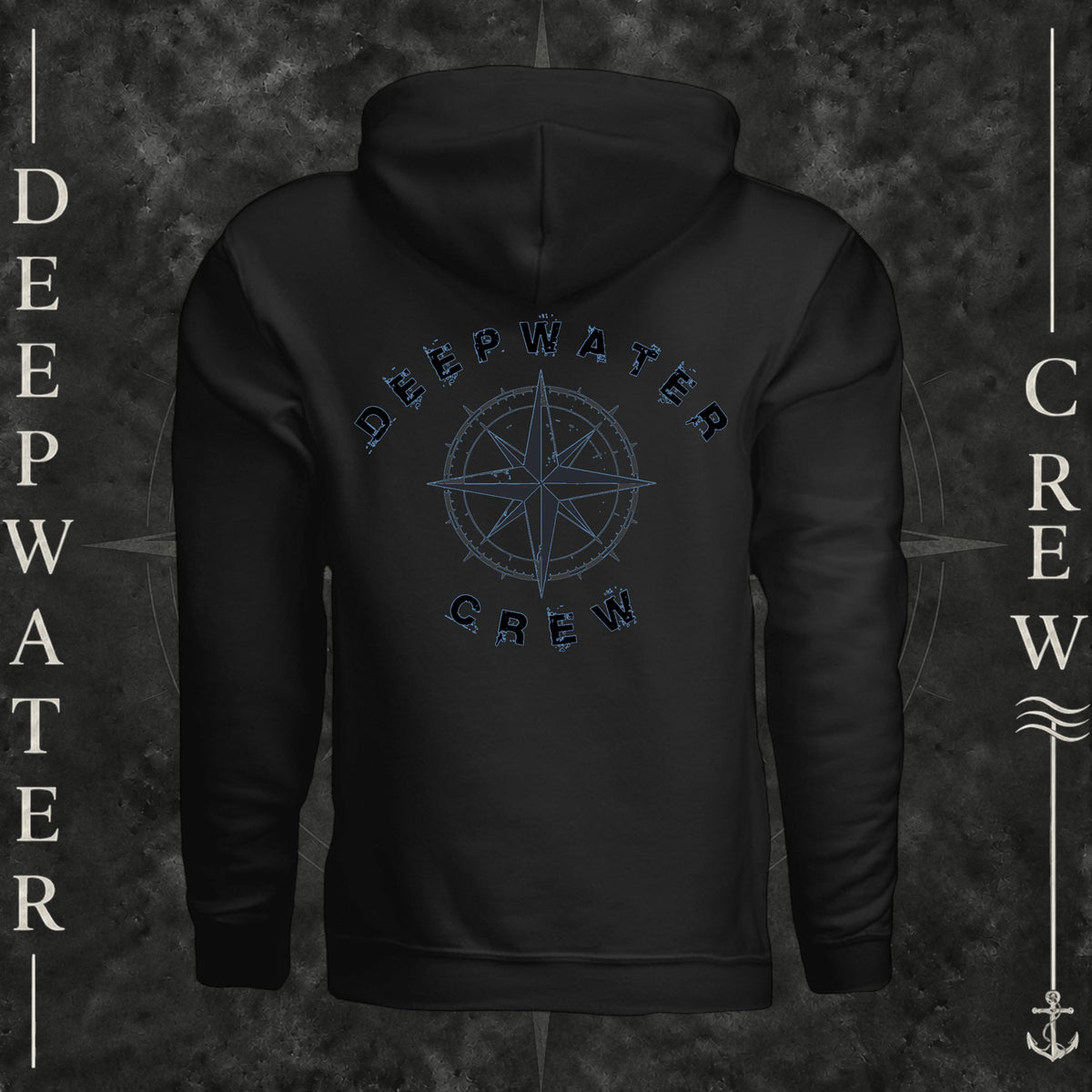Black Deepwater Crew Co. Deepwater Nomad Heavy Fleece Hoodie, back view with large distressed compass rose graphic and Deepwater Crew lettering.