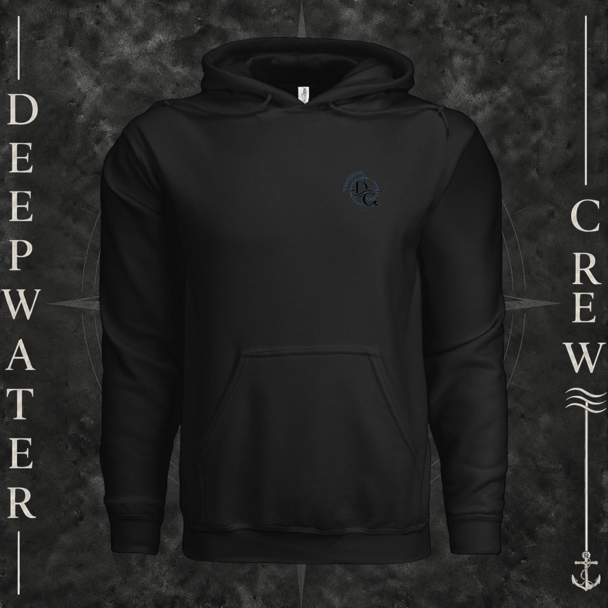 Black Deepwater Crew Co. Deepwater Nomad Heavy Fleece Hoodie, front view with small DC compass crest chest logo.