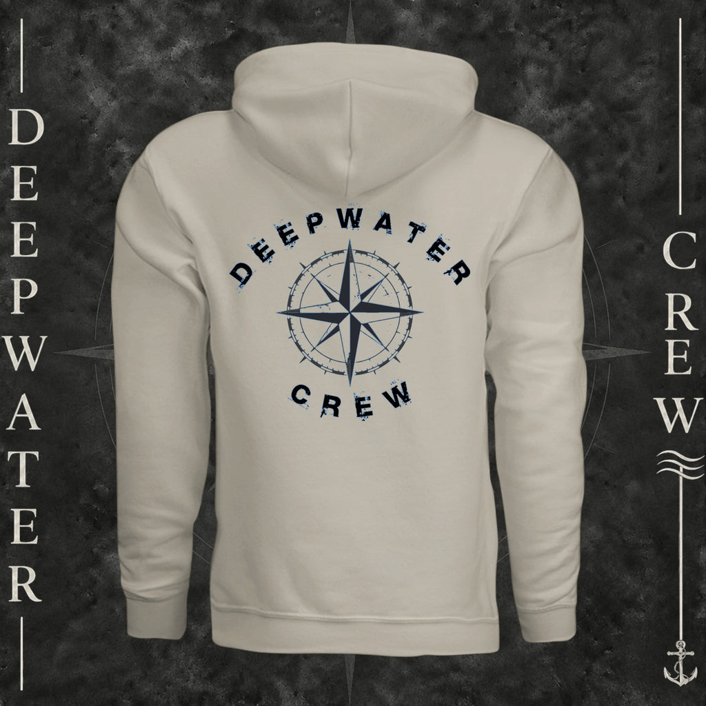 Cement Deepwater Crew Co. Deepwater Nomad Heavy Fleece Hoodie, back view with large distressed compass rose graphic and Deepwater Crew lettering.