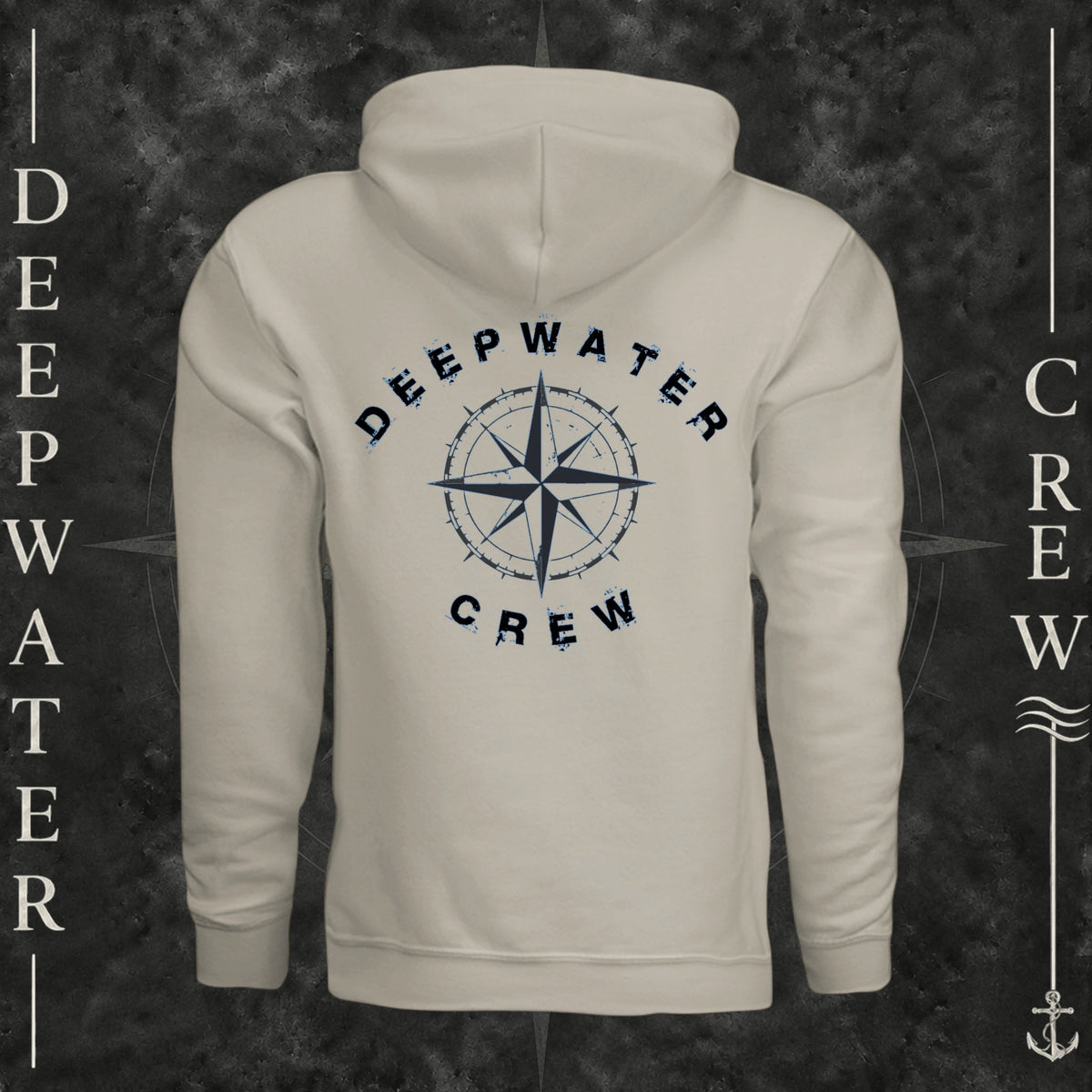 Cement Deepwater Crew Co. Deepwater Nomad Heavy Fleece Hoodie, back view with large distressed compass rose graphic and Deepwater Crew lettering.