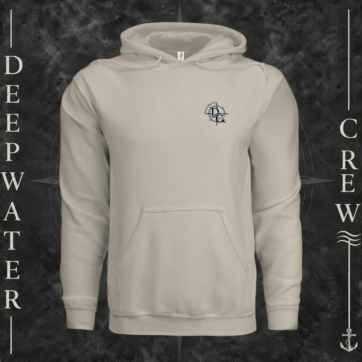 Cement Deepwater Crew Co. Deepwater Nomad Heavy Fleece Hoodie, front view with small DC compass crest chest logo.