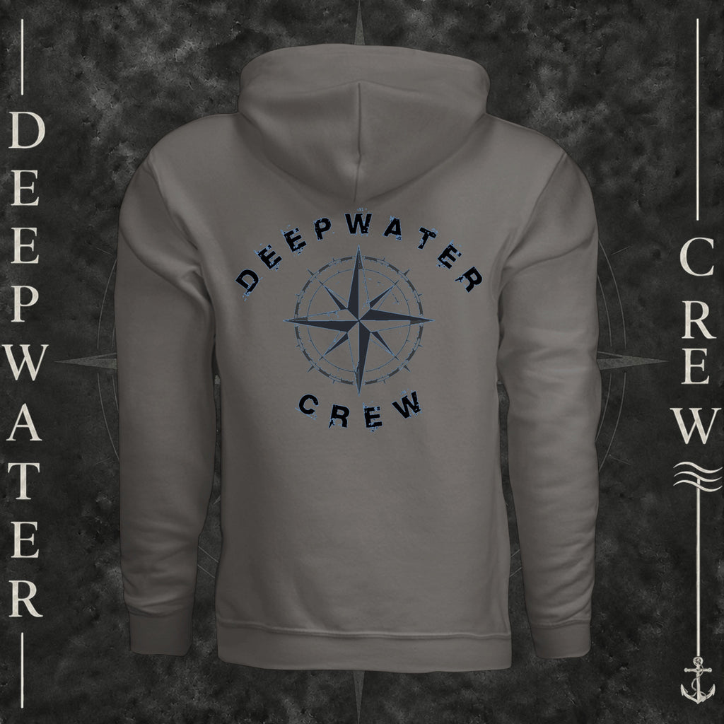Charcoal Deepwater Crew Co. Deepwater Nomad Heavy Fleece Hoodie, back view with large distressed compass rose graphic and Deepwater Crew lettering.