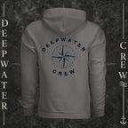 Charcoal Deepwater Crew Co. Deepwater Nomad Heavy Fleece Hoodie, back view with large distressed compass rose graphic and Deepwater Crew lettering.