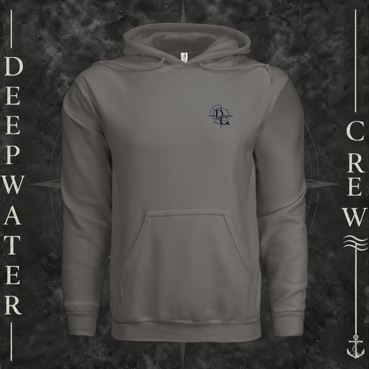 Charcoal Deepwater Crew Co. Deepwater Nomad Heavy Fleece Hoodie, front view with small DC compass crest chest logo.