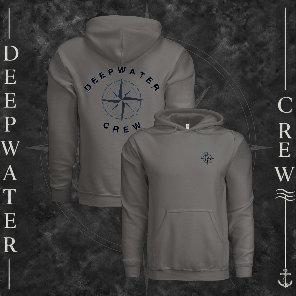 Charcoal Deepwater Crew Co. Deepwater Nomad Heavy Fleece Hoodie, product view on branded Deepwater Crew compass background.